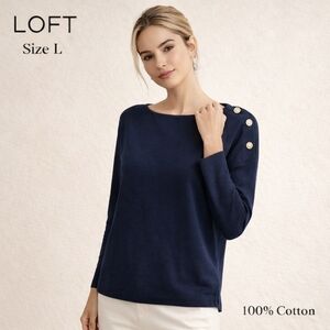 LOFT Women  Boat Neck Sweater Navy Cotton Nautical Button Shoulder Detail L